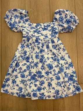 Trixxi Girl White Dress with Blue Floral Print and Puff Sleeves